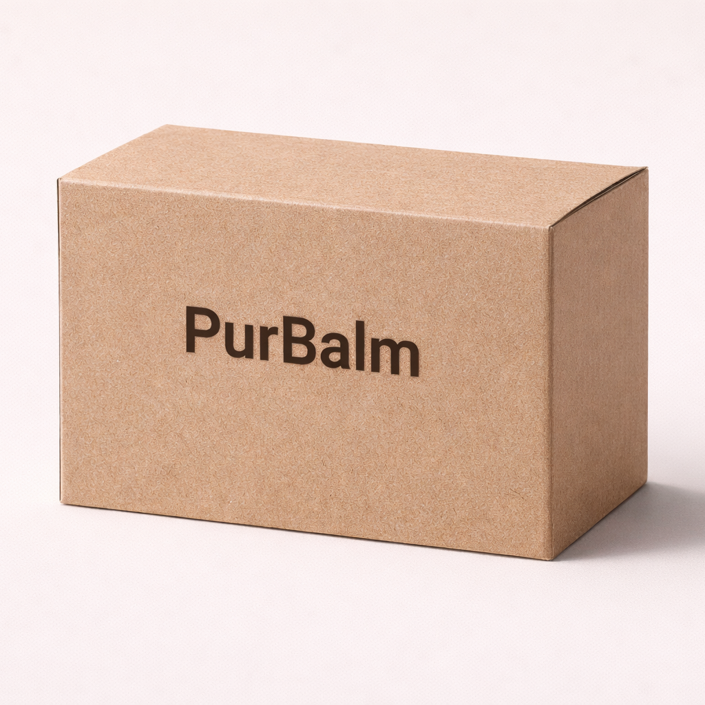 Brown cardboard box with 'PurBalm' branding on a white background